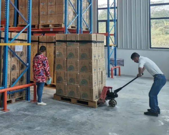 手動液壓搬運(yùn)車助力成箱白酒入庫工作
